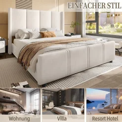 Generique Lit Double 140x200 cm - Lit Rembourré Adulte avec Tête Haute et Port USB, Velours, Sans Matelas, Beige