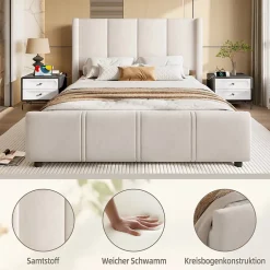 Generique Lit Double 140x200 cm - Lit Rembourré Adulte avec Tête Haute et Port USB, Velours, Sans Matelas, Beige