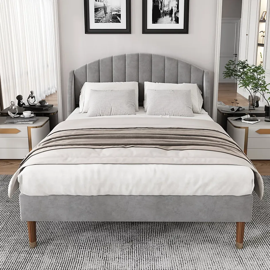 Generique Lit Double 160x200 cm - Lit Rembourré ado - Velours - Sans Matelas - Gris Outlet