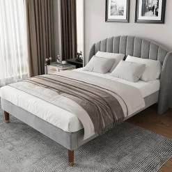 Generique Lit Double 160x200 cm - Lit Rembourré ado - Velours - Sans Matelas - Gris Outlet