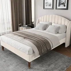Generique Lit Double 160x200 cm - Lit Rembourré ado - Velours - Sans Matelas - Beige Outlet