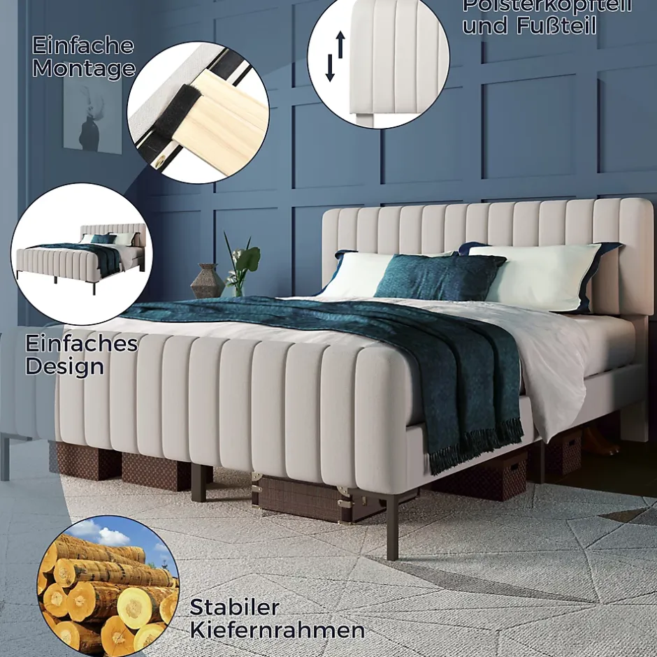 Okwish Lit double 160x200 cm - Lit rembourré avec tête de lit capitonnée - Lin - avec Matelas - Beige Online
