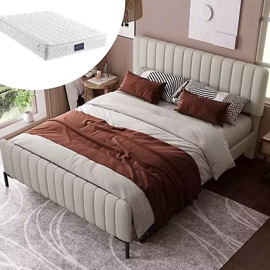 Okwish Lit double 160x200 cm - Lit rembourré avec tête de lit capitonnée - Lin - avec Matelas - Beige Online