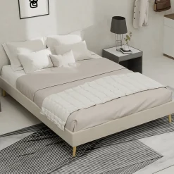 Okwish Lit Double 140x200 cm - Moderne en Velours Hollandais Bas, sans Tête de Lit/Vérin - Cadre de Lit Composite - Sans Matelas - Beige