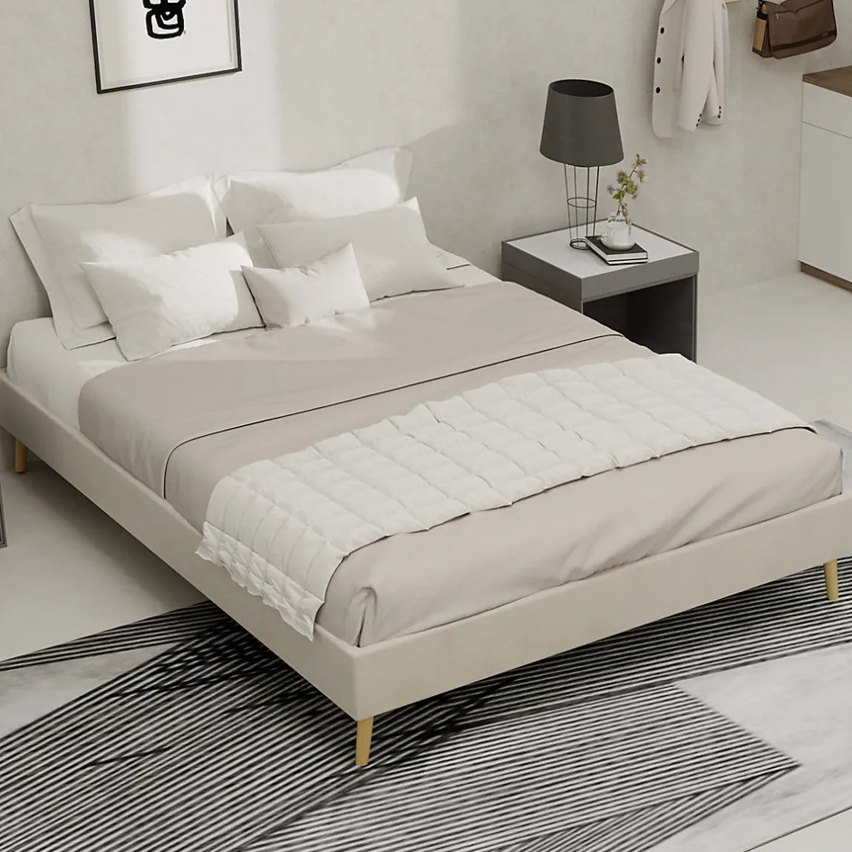 Okwish Lit Double 140x200 cm - Moderne en Velours Hollandais Bas, sans Tête de Lit/Vérin - Cadre de Lit Composite - Sans Matelas - Beige