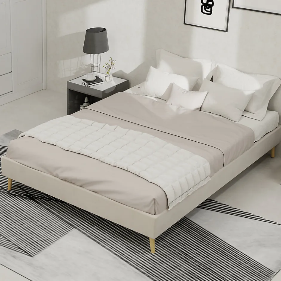 Okwish Lit Double 140x200 cm - Moderne en Velours Hollandais Bas, sans Tête de Lit/Vérin - Cadre de Lit Composite - Sans Matelas - Beige