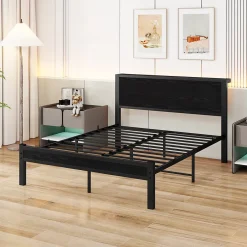 Okwish Lit Double 140x200 cm - Style Minimaliste avec Structure Métal MDF - sans Matelas - Noir