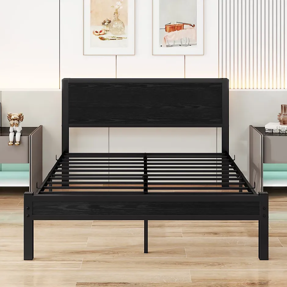 Okwish Lit Double 140x200 cm - Style Minimaliste avec Structure Métal MDF - sans Matelas - Noir
