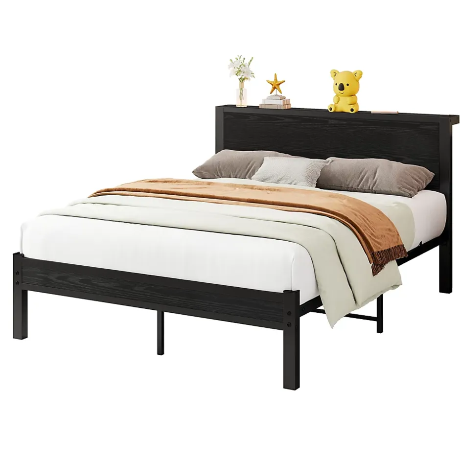 Okwish Lit Double 140x200 cm - Style Minimaliste avec Structure Métal MDF - sans Matelas - Noir