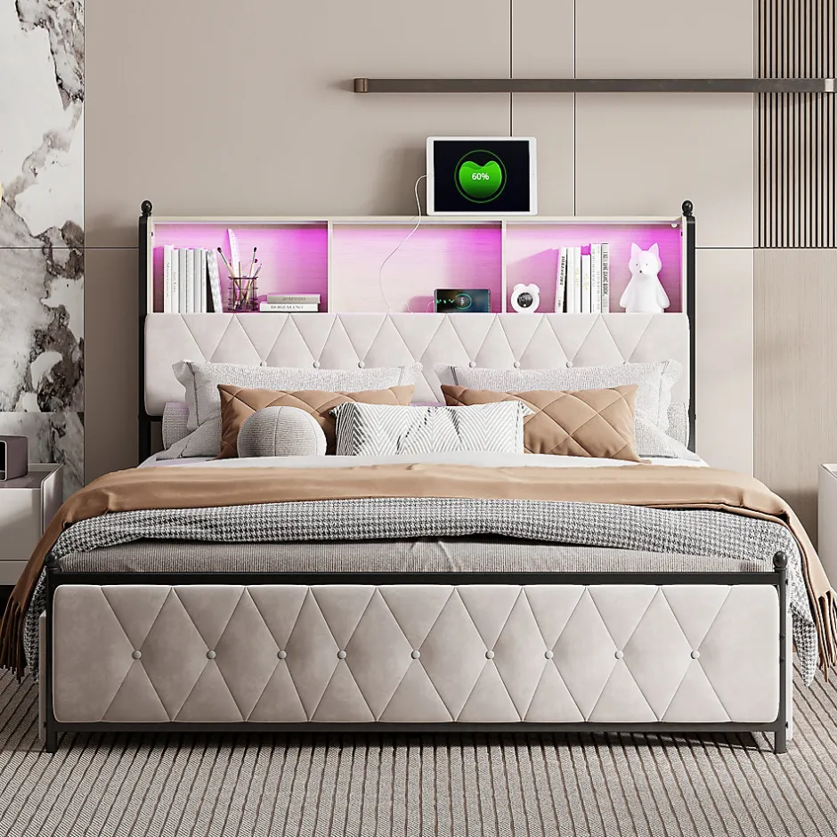 Simple Life Lit Double 160x200 Cm, 4 Tiroirs, Ports USB/type-c, Éclairage LED, Sommier à Lattes, Velours Beige.