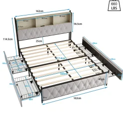 Simple Life Lit Double 160x200 Cm, 4 Tiroirs, Ports USB/type-c, Éclairage LED, Sommier à Lattes, Velours Beige.