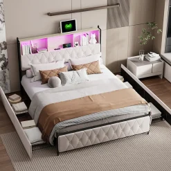 Simple Life Lit Double 160x200 Cm, 4 Tiroirs, Ports USB/type-c, Éclairage LED, Sommier à Lattes, Velours Beige.