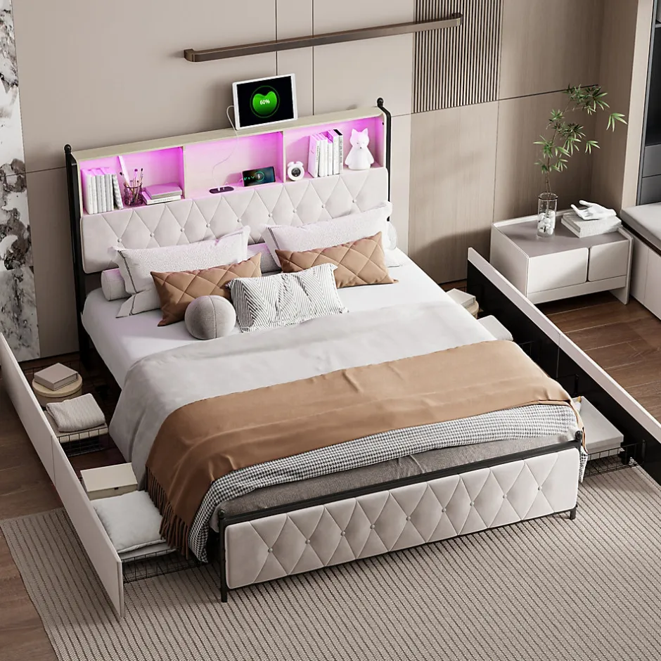 Simple Life Lit Double 160x200 Cm, 4 Tiroirs, Ports USB/type-c, Éclairage LED, Sommier à Lattes, Velours Beige.