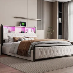 Simple Life Lit Double 160x200 Cm, 4 Tiroirs, Ports USB/type-c, Éclairage LED, Sommier à Lattes, Velours Beige.