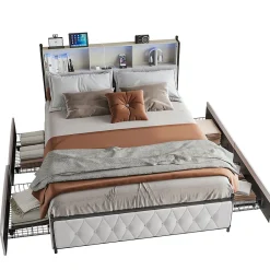 Simple Life Lit Double 160x200 Cm, 4 Tiroirs, Ports USB/type-c, Éclairage LED, Sommier à Lattes, Velours Beige.