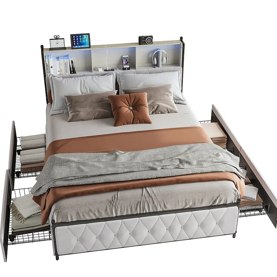 Simple Life Lit Double 160x200 Cm, 4 Tiroirs, Ports USB/type-c, Éclairage LED, Sommier à Lattes, Velours Beige.