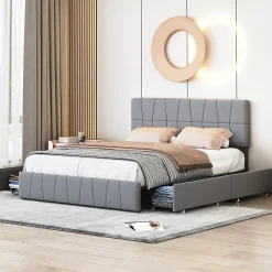 Simple Life Lit double 160x200 cm, 4 tiroirs en fer, sommier à lattes, structure en métal, tissu velours, gris
