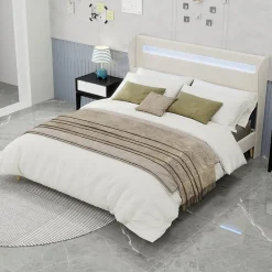 Okwish Lit Double 160x200 cm - Tête de Lit LED Intégrée et Base Basse Anti-Poussière, Lit Adulte/Ado, Velours, Beige, Sans Matelas