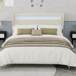 Okwish Lit Double 160x200 cm - Tête de Lit LED Intégrée et Base Basse Anti-Poussière, Lit Adulte/Ado, Velours, Beige, Sans Matelas