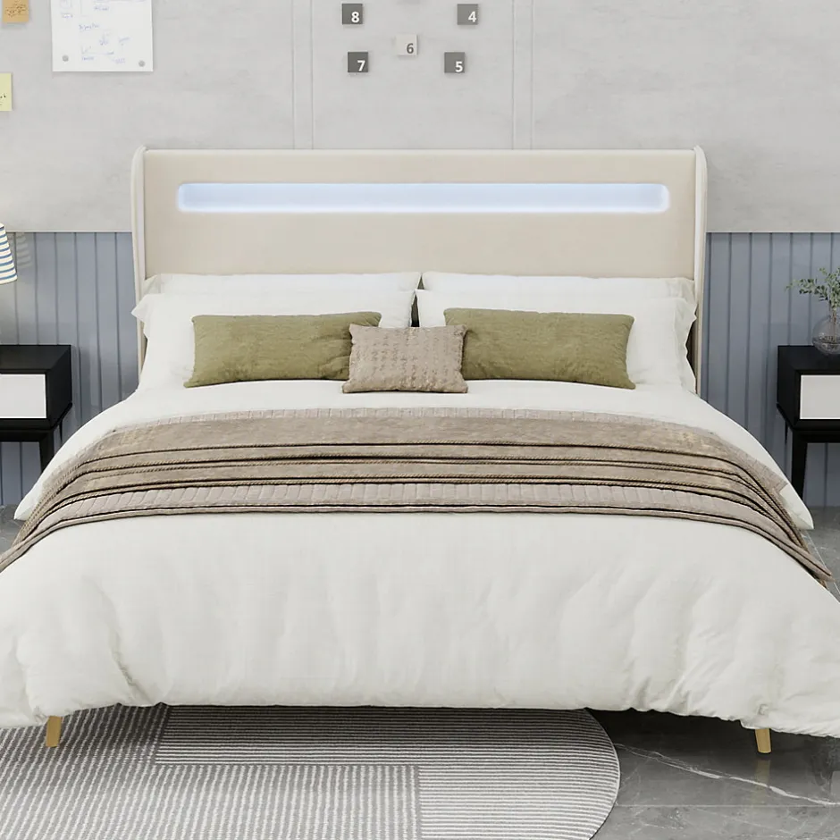 Okwish Lit Double 160x200 cm - Tête de Lit LED Intégrée et Base Basse Anti-Poussière, Lit Adulte/Ado, Velours, Beige, Sans Matelas
