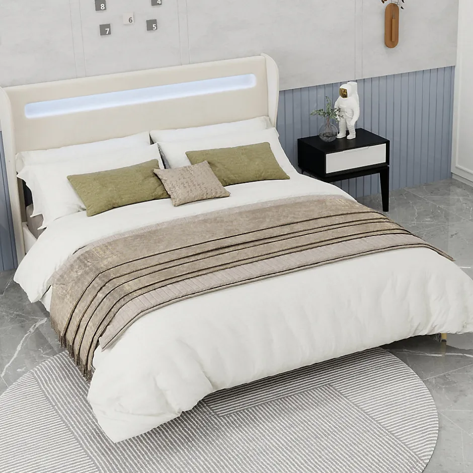 Okwish Lit Double 160x200 cm - Tête de Lit LED Intégrée et Base Basse Anti-Poussière, Lit Adulte/Ado, Velours, Beige, Sans Matelas