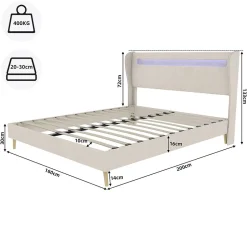Okwish Lit Double 160x200 cm - Tête de Lit LED Intégrée et Base Basse Anti-Poussière, Lit Adulte/Ado, Velours, Beige, Sans Matelas