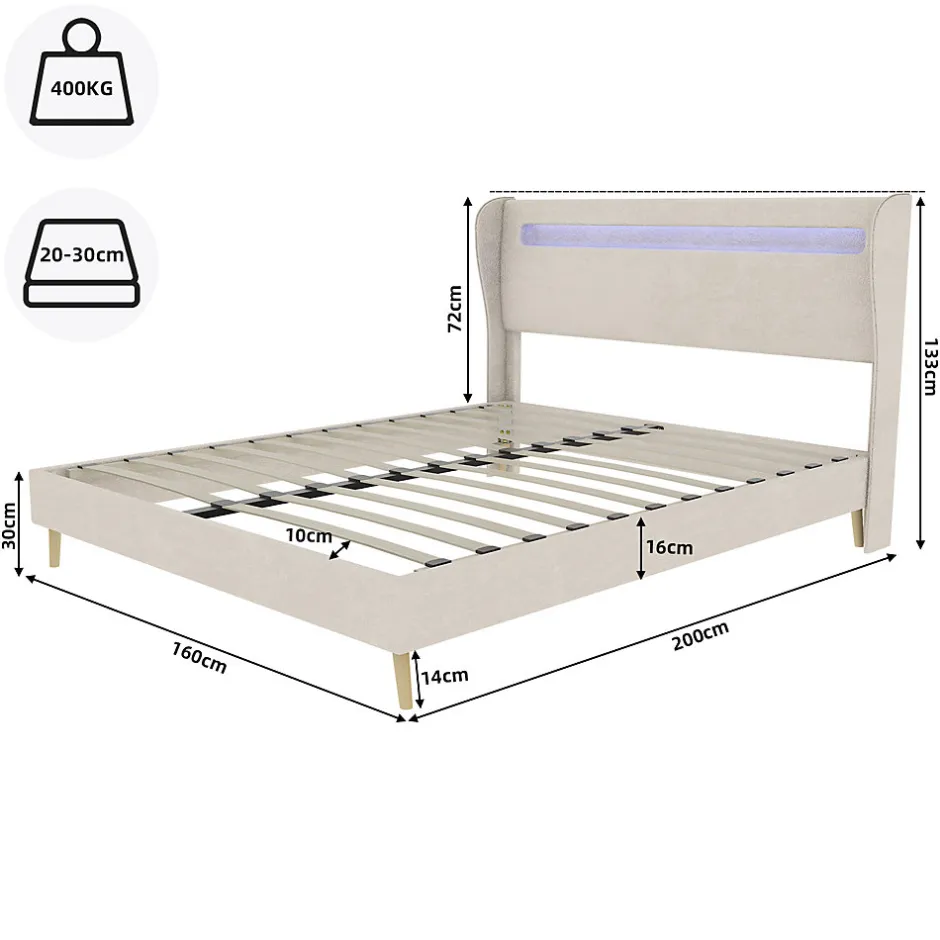 Okwish Lit Double 160x200 cm - Tête de Lit LED Intégrée et Base Basse Anti-Poussière, Lit Adulte/Ado, Velours, Beige, Sans Matelas