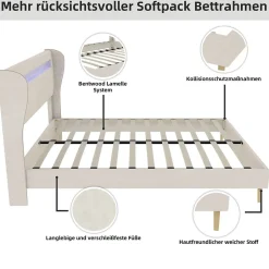 Okwish Lit Double 160x200 cm - Tête de Lit LED Intégrée et Base Basse Anti-Poussière, Lit Adulte/Ado, Velours, Beige, Sans Matelas