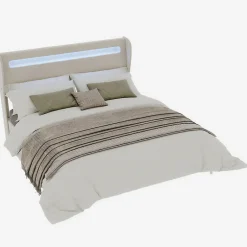 Okwish Lit Double 160x200 cm - Tête de Lit LED Intégrée et Base Basse Anti-Poussière, Lit Adulte/Ado, Velours, Beige, Sans Matelas