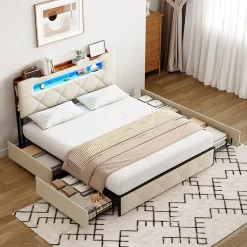 Fortuna lai Lit double, 140x190 cm, avec 4 tiroirs, lumière LED et port USB, tête de lit en velours, beige Clearance