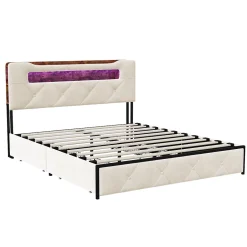 Fortuna lai Lit double, 140x190 cm, avec 4 tiroirs, lumière LED et port USB, tête de lit en velours, beige Clearance