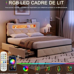 Fortuna lai Lit double, 140x190 cm, avec 4 tiroirs, lumière LED et port USB, tête de lit en velours, beige Clearance