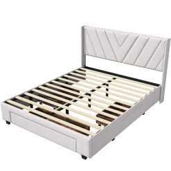 Generique Lit double 140x200 cm avec 3 tiroirs, sommier à lattes, lit queen size, linge, lit capitonné pour adulte - Beige