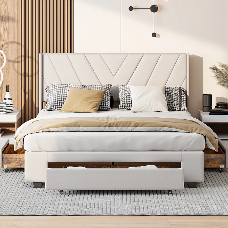 Generique Lit double 140x200 cm avec 3 tiroirs, sommier à lattes, lit queen size, linge, lit capitonné pour adulte - Beige