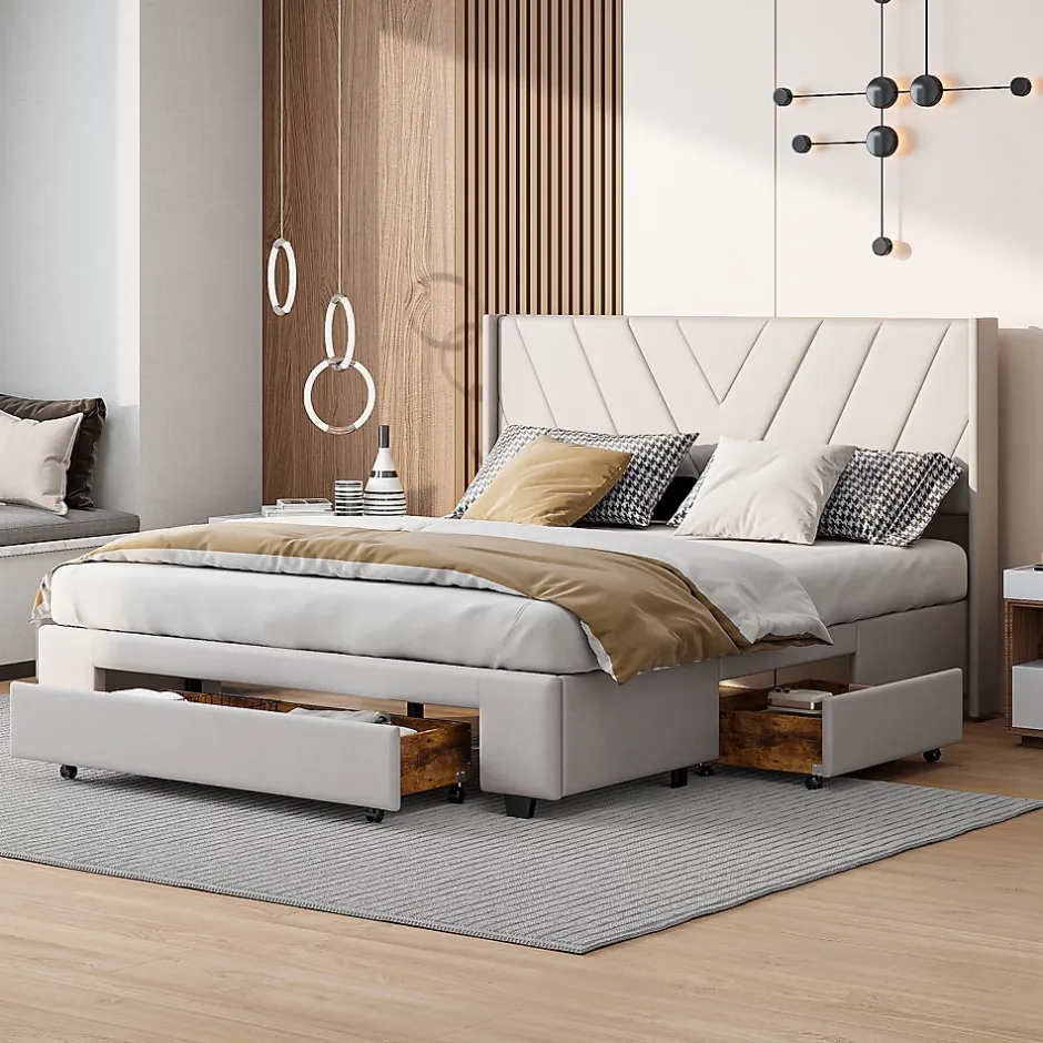 Generique Lit double 140x200 cm avec 3 tiroirs, sommier à lattes, lit queen size, linge, lit capitonné pour adulte - Beige