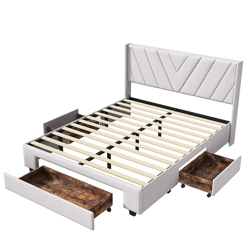 Generique Lit double 140x200 cm avec 3 tiroirs, sommier à lattes, lit queen size, linge, lit capitonné pour adulte - Beige