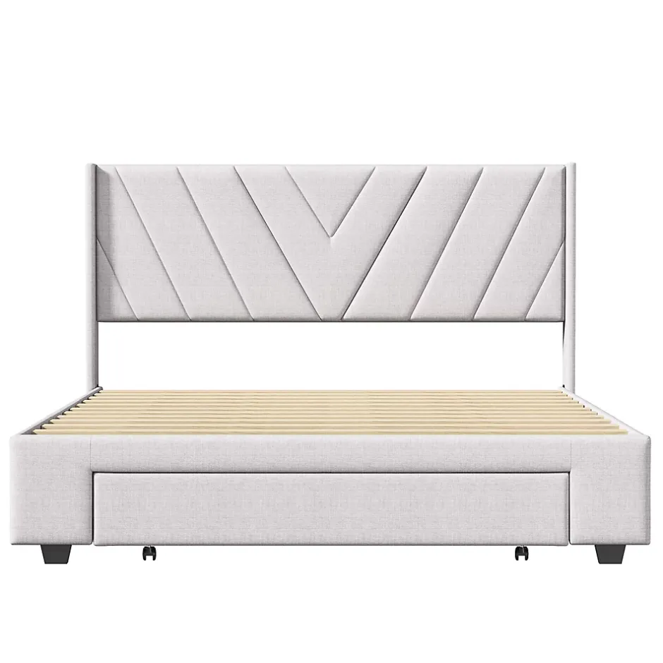 Generique Lit double 140x200 cm avec 3 tiroirs, sommier à lattes, lit queen size, linge, lit capitonné pour adulte - Beige