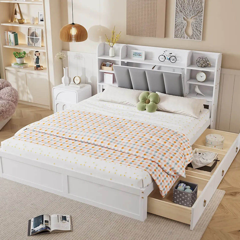 Okwish Lit Double 160x200 cm avec 3 Tiroirs Sur Roulettes, Rangement Sous Sommier, Tête de Lit avec Étagères - Pin Massif, Blanc Velours