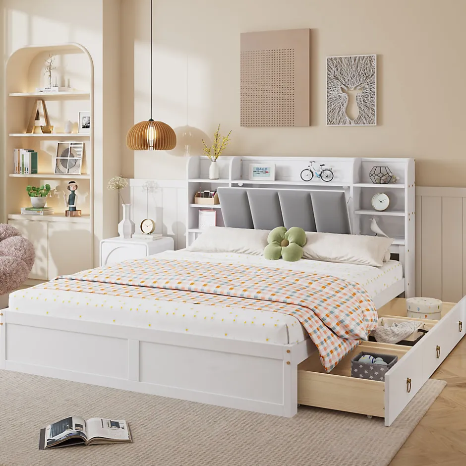 Okwish Lit Double 160x200 cm avec 3 Tiroirs Sur Roulettes, Rangement Sous Sommier, Tête de Lit avec Étagères - Pin Massif, Blanc Velours
