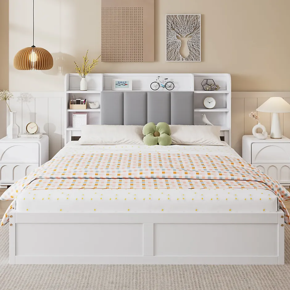 Okwish Lit Double 160x200 cm avec 3 Tiroirs Sur Roulettes, Rangement Sous Sommier, Tête de Lit avec Étagères - Pin Massif, Blanc Velours