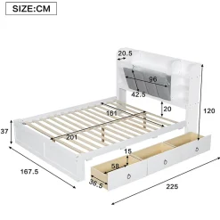 Okwish Lit Double 160x200 cm avec 3 Tiroirs Sur Roulettes, Rangement Sous Sommier, Tête de Lit avec Étagères - Pin Massif, Blanc Velours