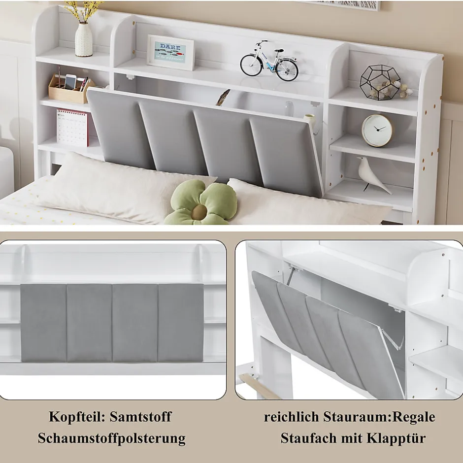 Okwish Lit Double 160x200 cm avec 3 Tiroirs Sur Roulettes, Rangement Sous Sommier, Tête de Lit avec Étagères - Pin Massif, Blanc Velours