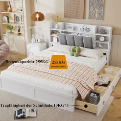 Okwish Lit Double 160x200 cm avec 3 Tiroirs Sur Roulettes, Rangement Sous Sommier, Tête de Lit avec Étagères - Pin Massif, Blanc Velours