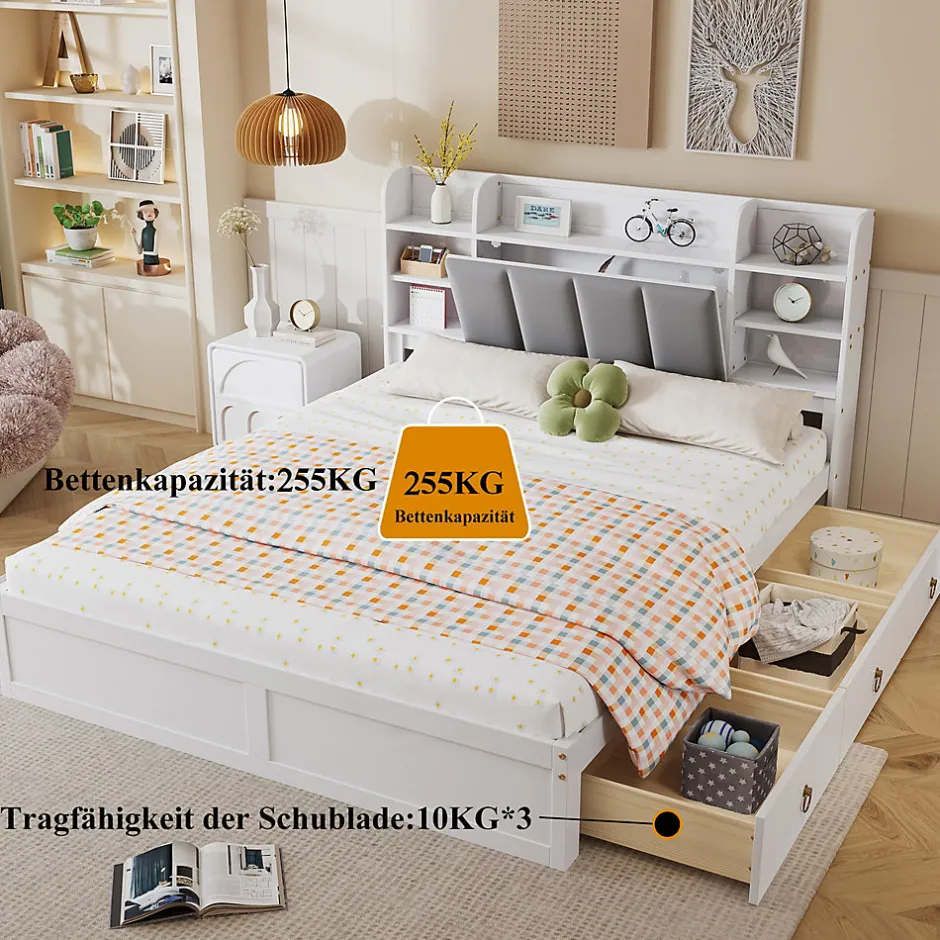 Okwish Lit Double 160x200 cm avec 3 Tiroirs Sur Roulettes, Rangement Sous Sommier, Tête de Lit avec Étagères - Pin Massif, Blanc Velours