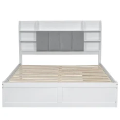 Okwish Lit Double 160x200 cm avec 3 Tiroirs Sur Roulettes, Rangement Sous Sommier, Tête de Lit avec Étagères - Pin Massif, Blanc Velours
