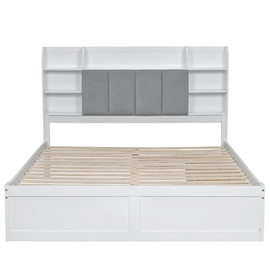 Okwish Lit Double 160x200 cm avec 3 Tiroirs Sur Roulettes, Rangement Sous Sommier, Tête de Lit avec Étagères - Pin Massif, Blanc Velours