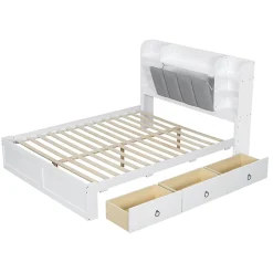 Okwish Lit Double 160x200 cm avec 3 Tiroirs Sur Roulettes, Rangement Sous Sommier, Tête de Lit avec Étagères - Pin Massif, Blanc Velours