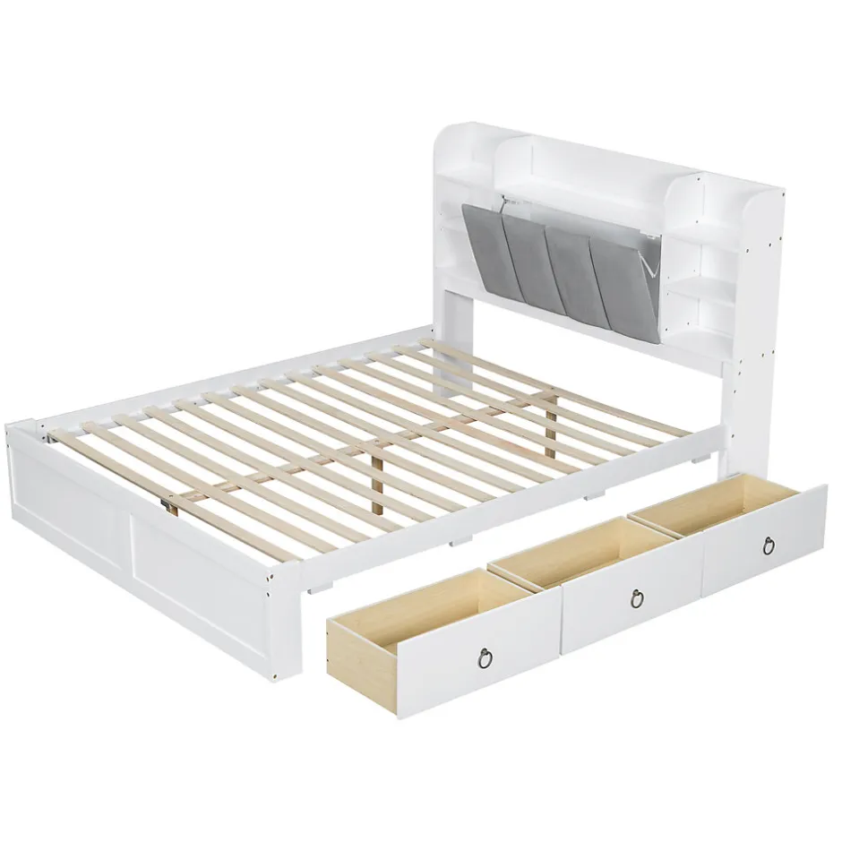 Okwish Lit Double 160x200 cm avec 3 Tiroirs Sur Roulettes, Rangement Sous Sommier, Tête de Lit avec Étagères - Pin Massif, Blanc Velours