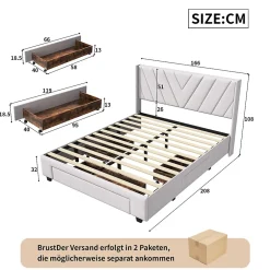 Generique Lit double 160x200 cm avec 3 tiroirs, sommier à lattes, lit queen size, linge, lit capitonné pour adulte - Beige New