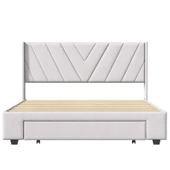 Generique Lit double 160x200 cm avec 3 tiroirs, sommier à lattes, lit queen size, linge, lit capitonné pour adulte - Beige New